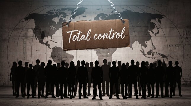 Masses in Silhouette Under World Map and Total Control Sign.