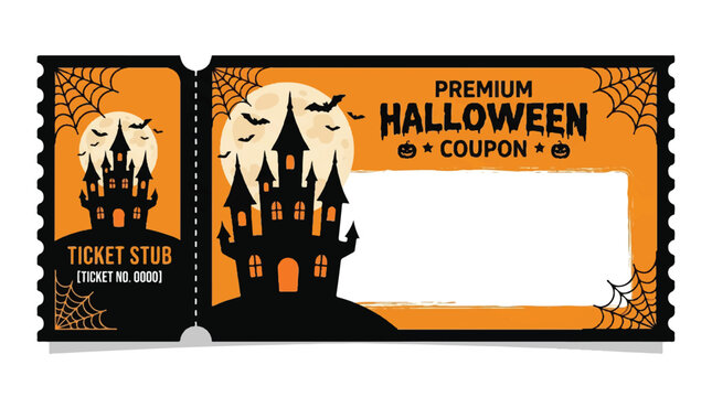 Vintage Halloween Coupon Ticket Template with Spooky Haunted House Silhouette and Blank Copy Space