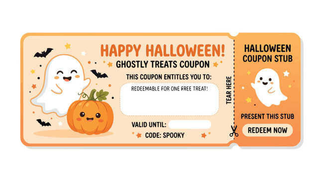 Cute Halloween Coupon Ticket Template with Kawaii Ghost and Pumpkin Illustration for Kids Party