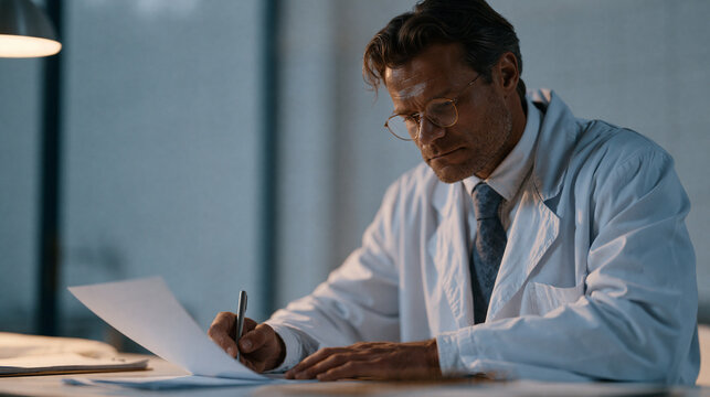 Coroner completing paperwork at a desk adjacent to a sterile examination suite, medical-legal documentation, forensic pathology office, death investigation process, public health