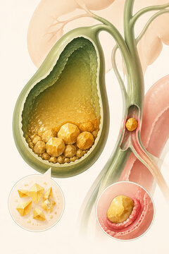 Medical illustration of the gallbladder with gallstones and bile duct obstruction. Gallstone disease for healthcare and educational materials.