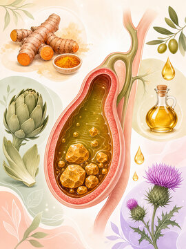 Gallbladder infographic with gallstones, bile duct blockage, and natural remedies shown in a medical illustration for healthcare use. 