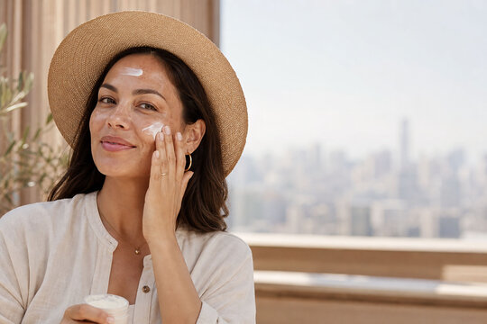 A woman applying facial cream while enjoying a city view. Perfect for skincare and beauty advertising, emphasizing self-care and wellness.