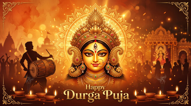 Happy Durga Puja Festival Banner with Goddess Durga Face, Dhak Drummer, Temple and Traditional Celebration