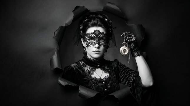 Mysterious woman wearing a lace mask holding a pocket watch through paper