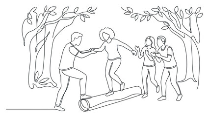 Obraz premium Group of friends participating in a team building exercise in the woods