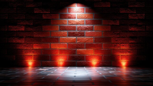 Brick wall with dramatic lighting casts shadows on tiled floor, creating an atmospheric urban scene