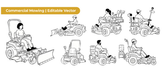 Obraz premium Commercial lawn mower vector illustrations of landscaping workers operating riding grass cutters and professional garden maintenance machinery with equipment attachments for outdoor yard care service
