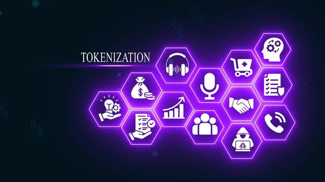 Tokenization concept with glowing hexagonal and digital business symbols for fintech and blockchain technology presentations