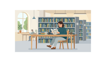 Fototapeta premium Flat vector illustration of a woman reading in a library, student studying at a desk with bookshelves, modern educational interior design