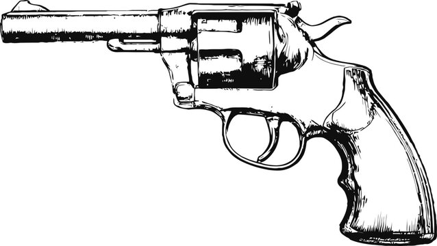 vintage revolver drawing hand drawn old pistol black and white line art illustration