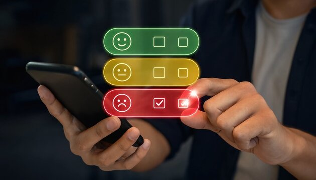 Person giving bad feedback on smartphone with digital rating interface showing low satisfaction, negative experience for negative customer experience or service complaint evaluation