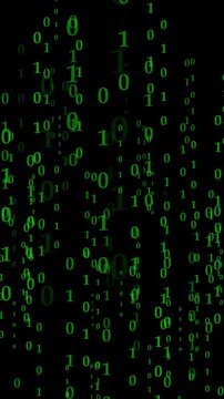 Green binary numbers text falling down on black background screen. Computer programming binary numbers symbol for virtual reality matrix. Animated binary numbers.