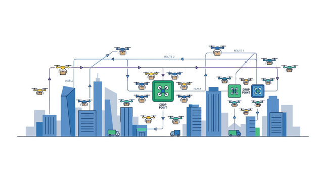 Drone delivery network in futuristic city skyline, logistics and automation concept