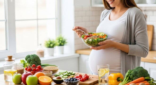 A pregnant woman holding a bowl of fresh vegetables in a kitchen.