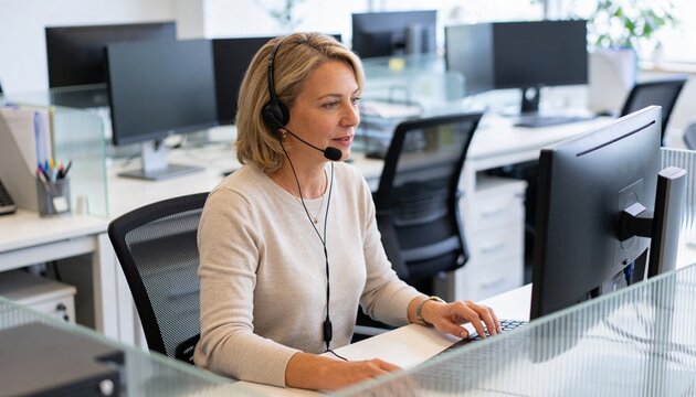 Professional woman with headset working at computer in office. Customer service representative providing technical support. Call center agent at workstation