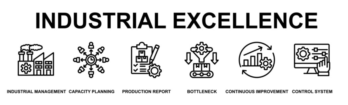 Industrial Excellence Banner Web Outline Icon Vector Illustration Concept for Business with Icons of industrial management, capacity planning, production report, bottleneck, continuous improvement