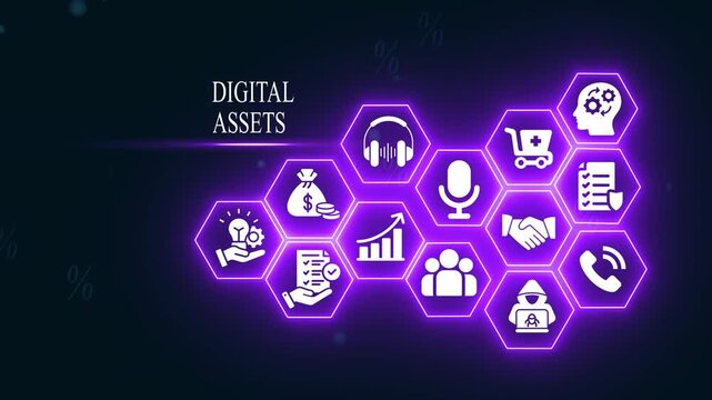 Digital assets management concept with neon hexagon and business growth infographics business technology