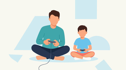 Father and son playing video games together, family leisure time illustration © Artification