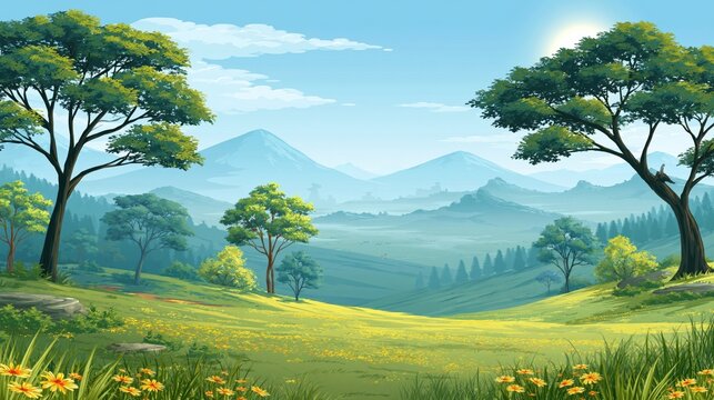Stylized anime landscape with green hills yellow flowers and blue mountains