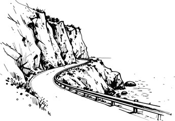 Obraz premium Coastal cliff road winding along rocky shoreline with guardrail and ocean waves