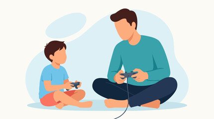Father and son playing video games together, bonding over leisure time illustration © Artification