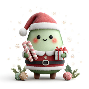 Funny kawaii avocado dressed as Santa Claus, holding a tiny wrapped gift, rosy cheeks, candy canes, Christmas ornaments, festive winter decorations, soft pastel colors.