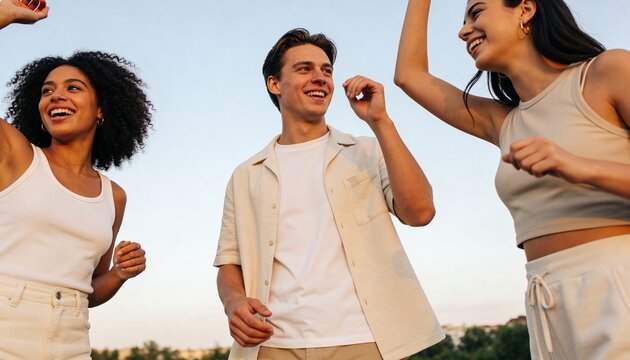 Diverse group of young friends dancing and laughing outdoors. Happy multiethnic people celebrating during golden hour. Summer lifestyle and friendship concept
