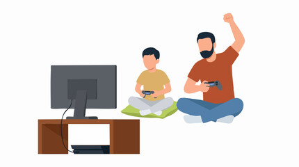 Father and son playing video games and having fun together at home © Artification