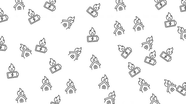 Suitable for backgrounds, prints, textiles  a striking, bold pattern of burning houses and flaming battery icons in black and white line art style.