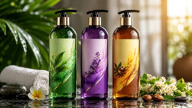 Three stylish shampoo bottles with colorful labels showcase modern packaging, promising clean, healthy, refreshed hair through gentle care, nourishment, and freshness daily.