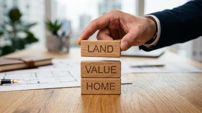 Hand stacking wooden blocks with words LAND VALUE HOME