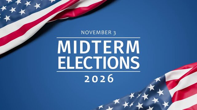 The wrinkled flag of the USA draped onto a blue surface and the text "November 3 - Midterm Elections - 2026" appearing