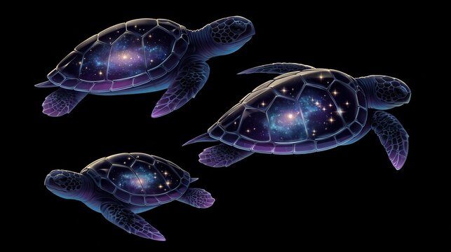 Trio of sea turtles with cosmic nebula galaxy patterns in shells