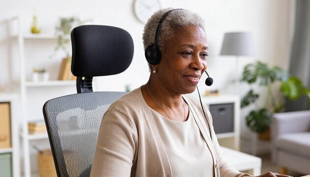 Senior Black woman wearing headset working from home. Smiling mature African American female customer service agent in home office. Remote work and online communication concept