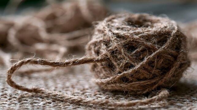 A close up view of a coiled natural fiber rope resting on textured burlap fabric with soft lighting and shallow depth of field