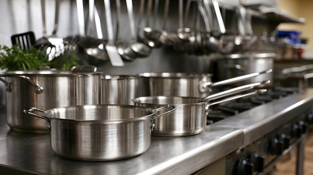 Polished stainless steel pots and pans arranged on a commercial kitchen counter with hanging utensils in background