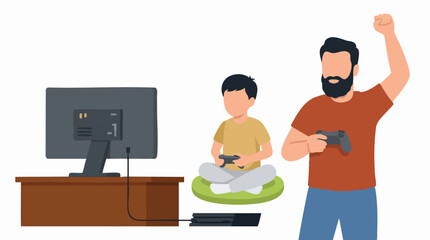Joyful family gaming session: father and son playing video games with console © Artification