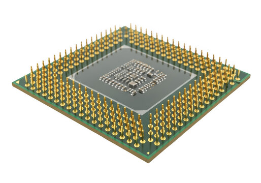 Computer processor chip with gold pins for modern electronic hardware and tech components