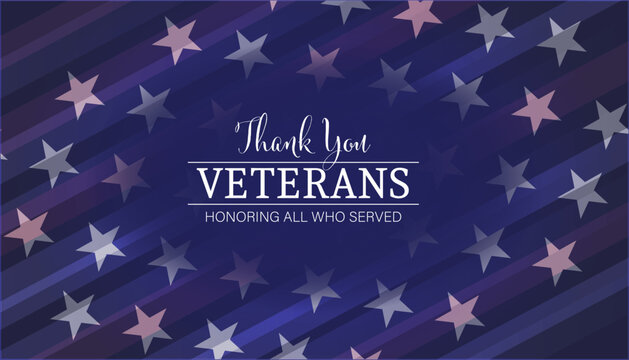 A stars and stripes background mimicking the American Flag and the text "Thank you - Veterans - Honoring all who served"