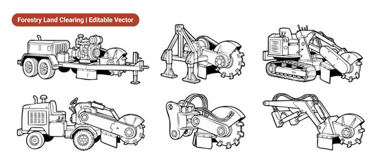 Obraz premium Forestry land clearing machinery vector icon set featuring stump grinders, trenchers, and heavy agricultural equipment attachments for land preparation, forestry management, and construction.