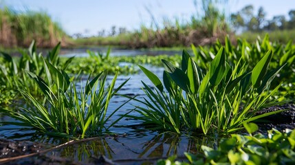 Fototapeta premium A serene wetland scene featuring lush green aquatic vegetation growing along calm shallow water channels under bright daylight