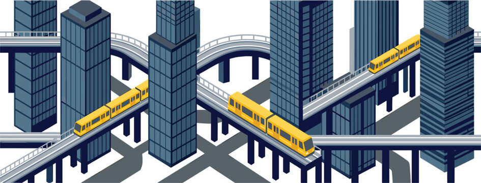 Futuristic isometric city infrastructure vector illustration with skyscrapers overpass highway network and yellow monorail trains isolated on white background concept