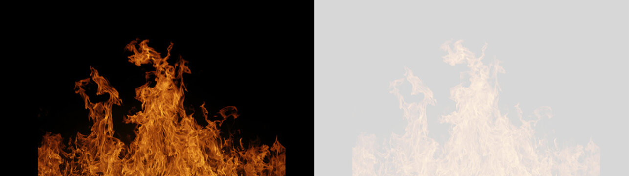 Tongues of fire isolated on transparent and black background. Realistic orange flames with alpha channel for compositing. VFX design element