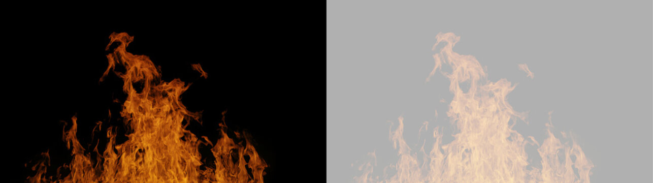 Tongues of fire against a transparent background. Realistic orange flames on black and checkerboard alpha channel grid. VFX element for video editing and graphic design