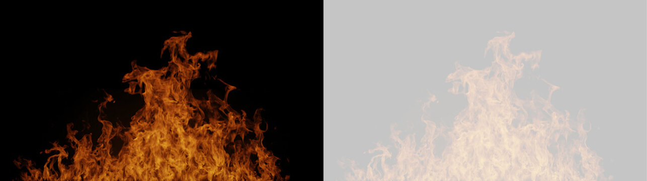 Tongues of fire against a transparent background. Realistic orange flames isolated on black and checkerboard alpha channel. Graphic design element for compositing and visual effects