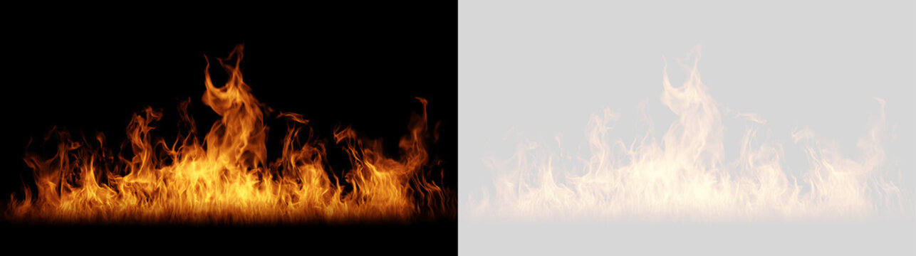 Tongues of fire on black and transparent background. Horizontal line of blazing orange flames with alpha channel. Isolated fire element for graphic design and visual effects