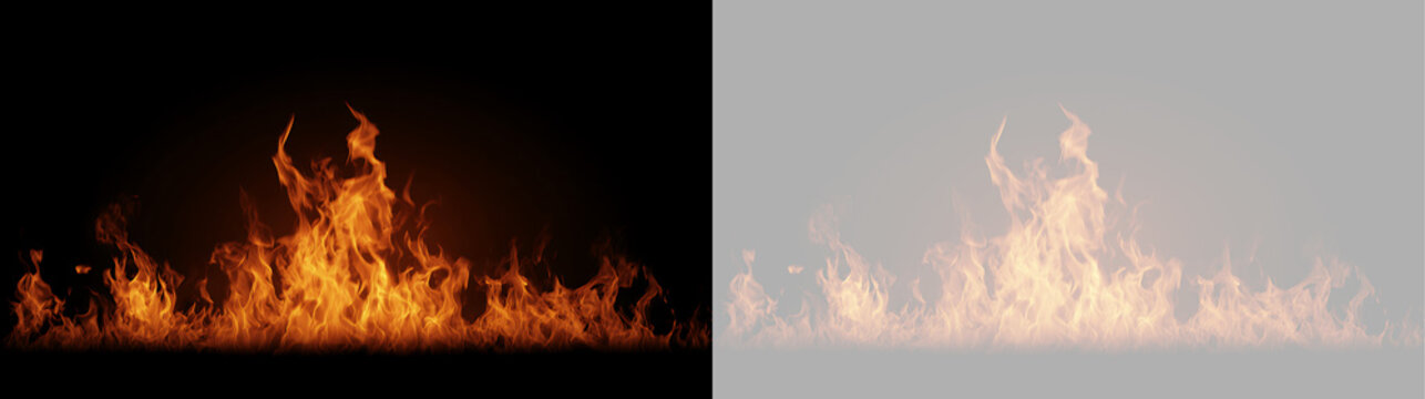 Wide line of burning fire flames isolated on black and transparent background. Realistic orange flame border element for graphic design and VFX compositing. Horizontal split screen view