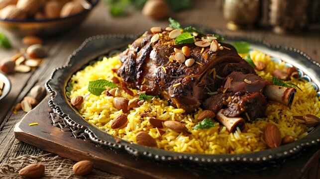 shuwaa on decorated traditional metal tray, positioned center-left on a dark rustic wood table in the desert