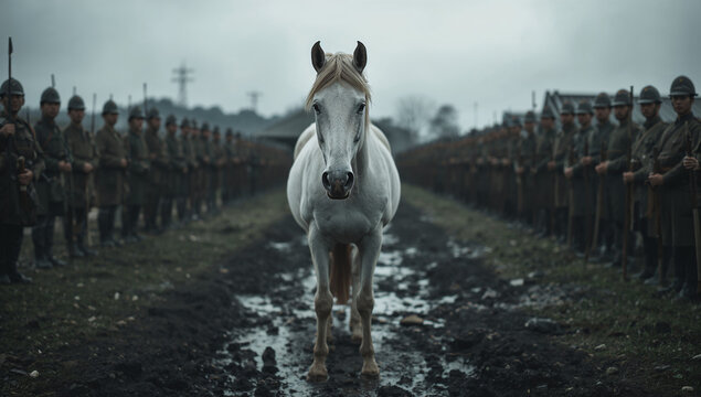 白い馬が兵士列の前に静かに立つ象徴的な動物写真